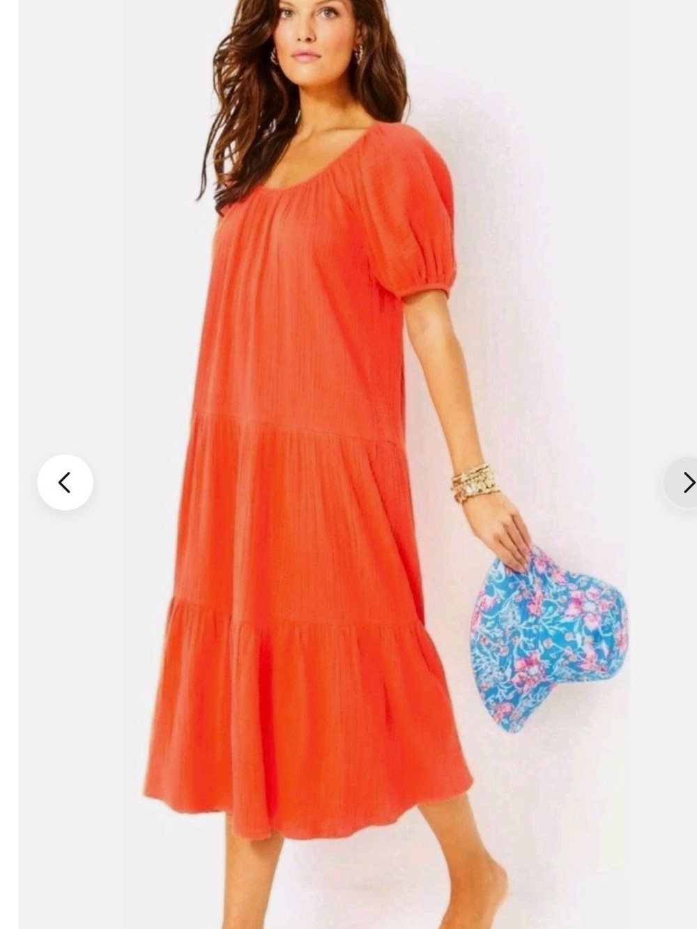 Lilly Pulitzer NWT Coral Puff-Sleeve Tiered Midi Dress Sz L